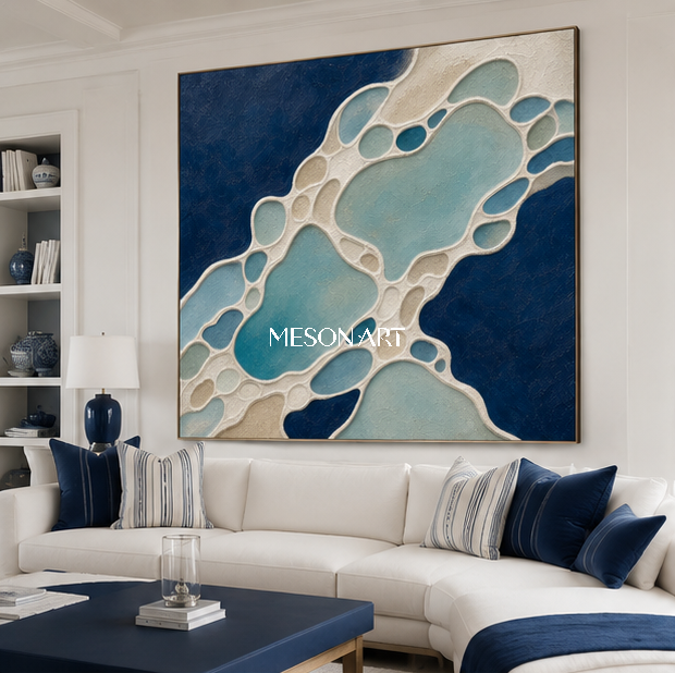 Blue Turquoise Abstract Painting With Textured Impasto For Coastal Living Room Decor