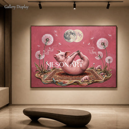 Pink And White Yoga Pig Surrealist Art Rectangular Wall Decor For Living Room By Mesonart