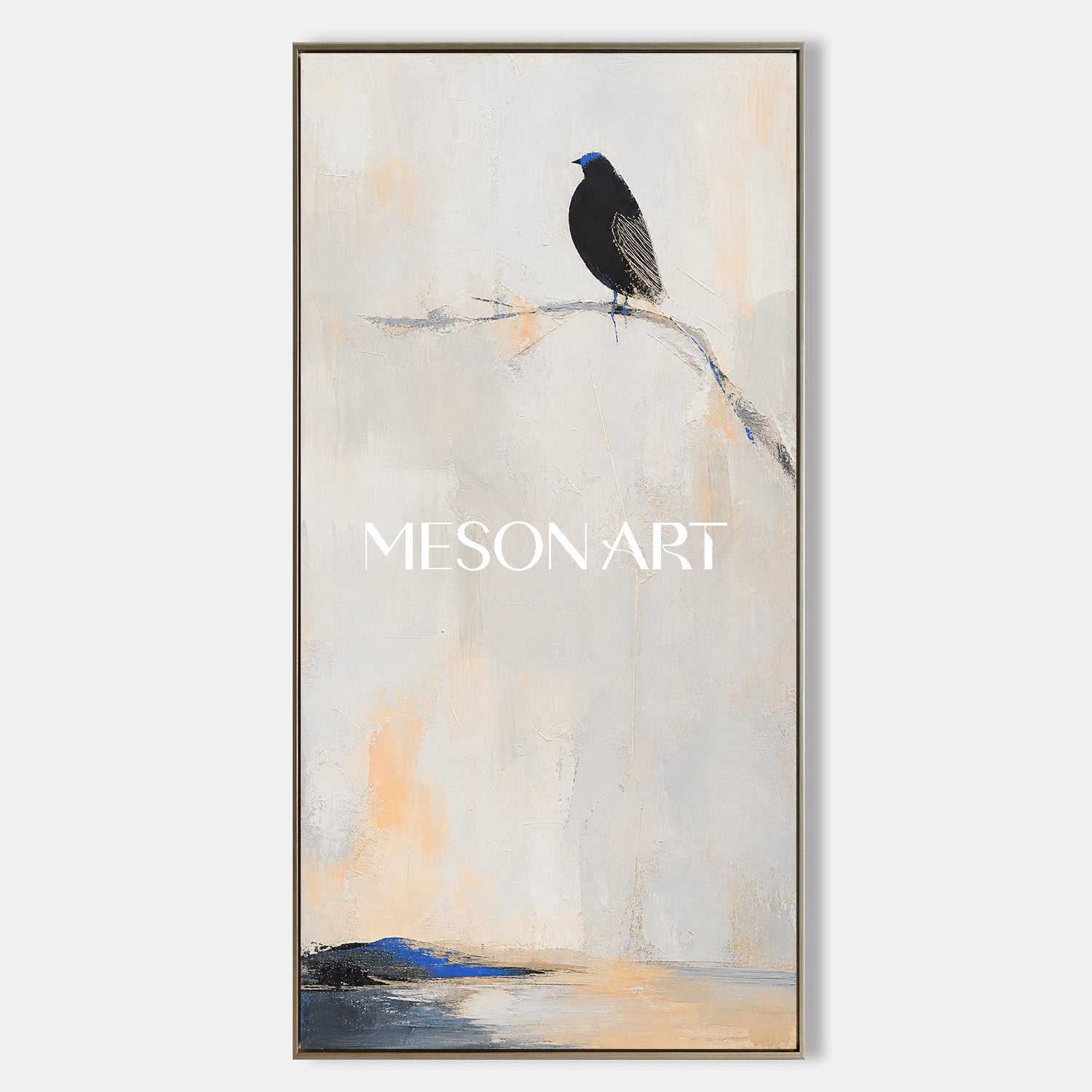 Minimalist Black Bird Painting With Blue Accent For Serene Home Decor