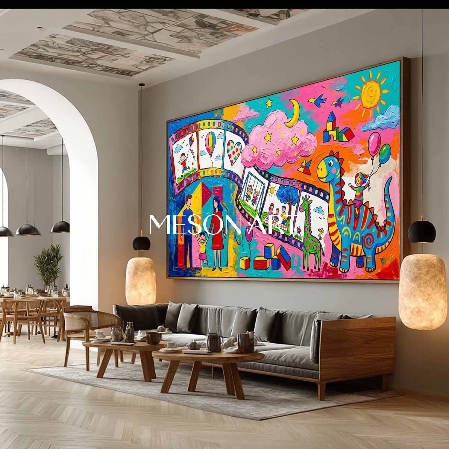 Colorful Family Graffiti Art With Dinosaurs For Kids Room Decor