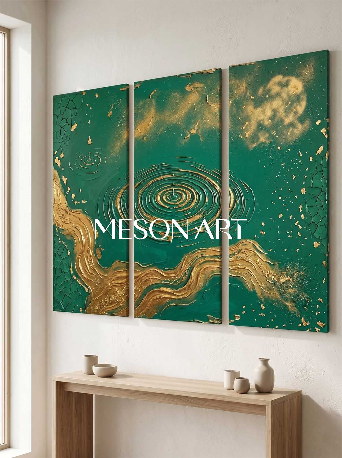 Emerald Green And Gold Abstract Triptych Painting With Textured Relief For Art Deco Living Room Entryway