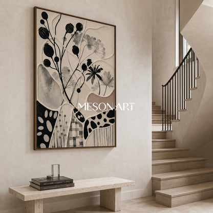 Abstract Botanical Art With Geometric Patchwork Design For Modern Living Spaces