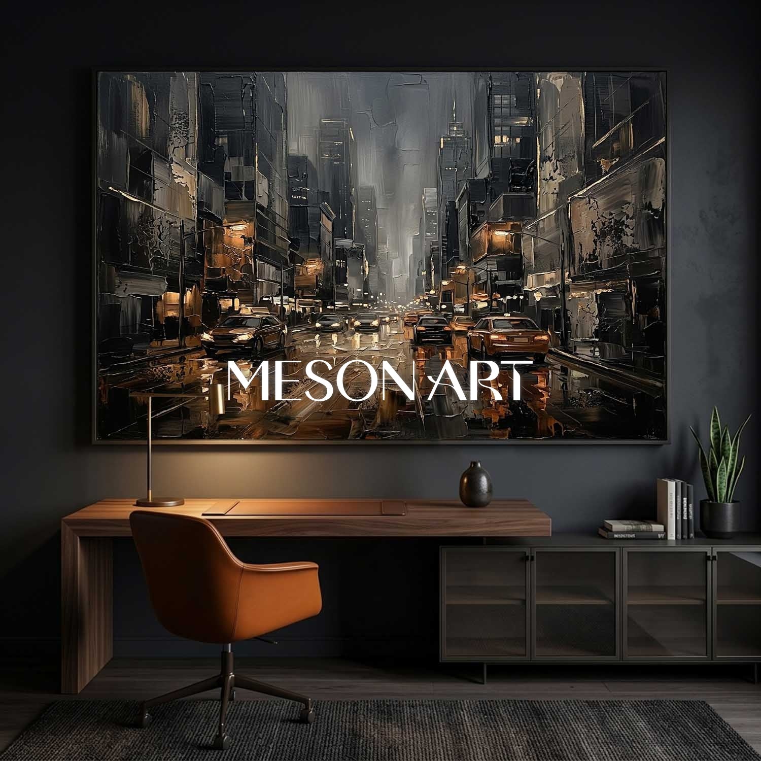 Abstract City Street Painting With Plaster Texture For Industrial Loft Living Room