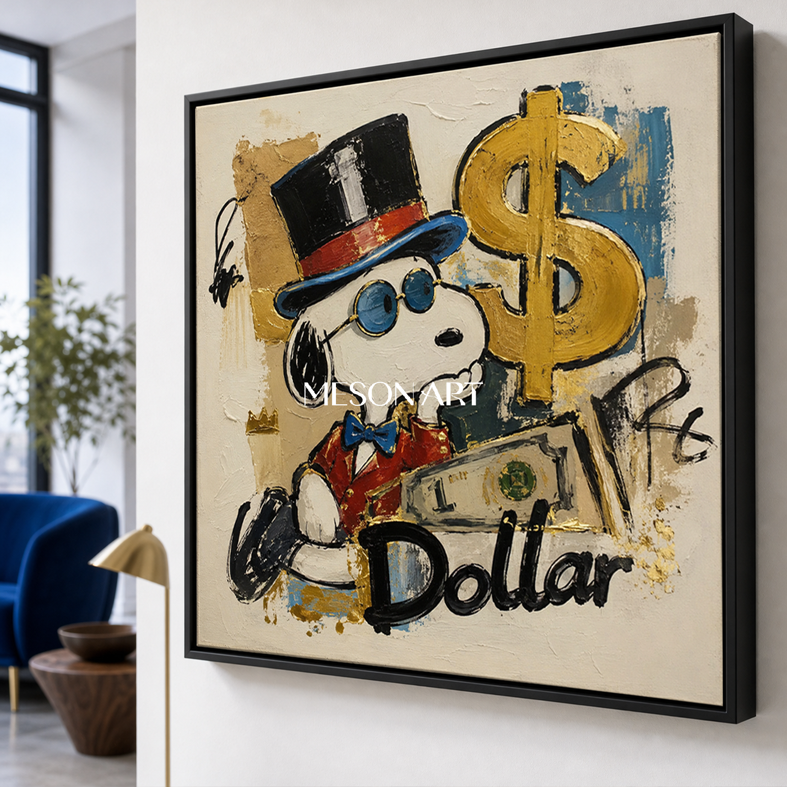 Snoopy Pop Art Painting With Gold Dollar Sign Graffiti Style Canvas Art For Living Room Decor