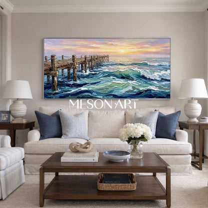 Luxury Ocean Sunset Painting With Impasto Waves And Wooden Pier For Living Room Decor