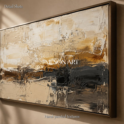 Quadro astratto con paesaggio in beige e nero, opera d'arte panoramica da parete per il soggiorno, realizzato da Mesonart