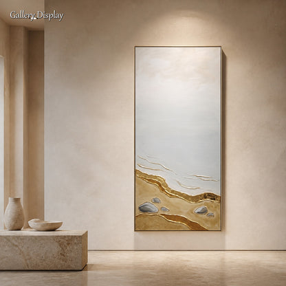 3D Textured Gold Beach Painting With Metallic Accents For Modern Living Room Decor