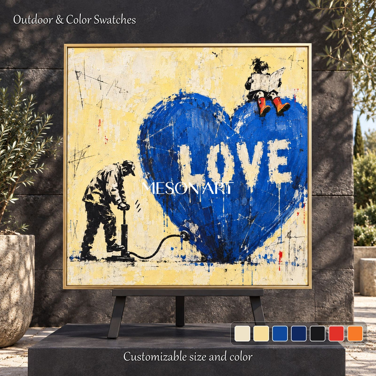 Blue And Yellow Graffiti Pop Art Painting Original Artist Hand Painted Square Wall Art For Living Room By Mesonart