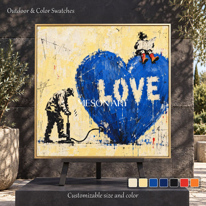 Blue And Yellow Graffiti Pop Art Painting Original Artist Hand Painted Square Wall Art For Living Room By Mesonart