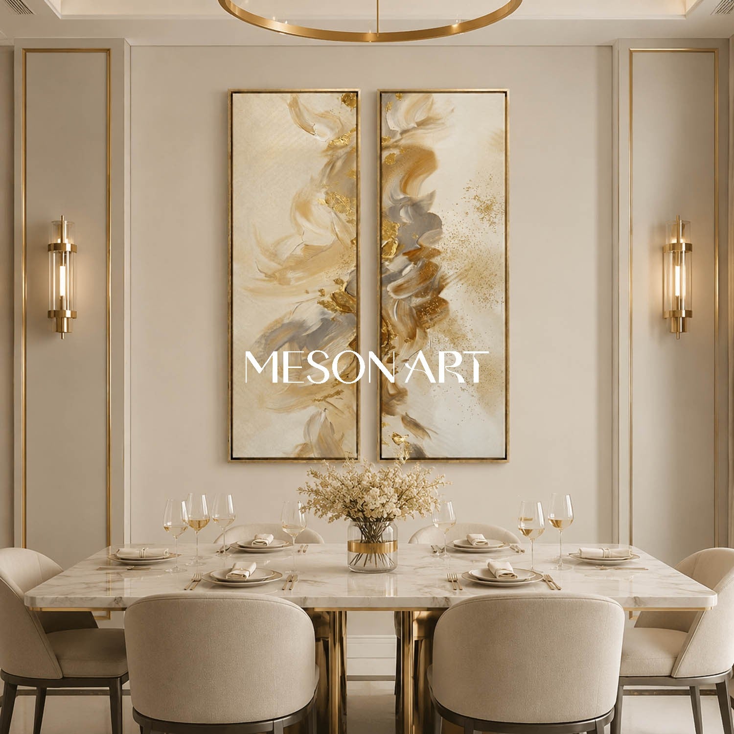 Large Gold Leaf Abstract Painting On Canvas For Modern Living Room Wall Decor