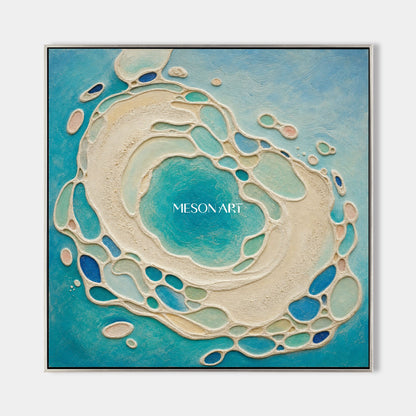 Sculptural Azure Lagoon Art With Plaster Texture For Coastal Living Room Decor