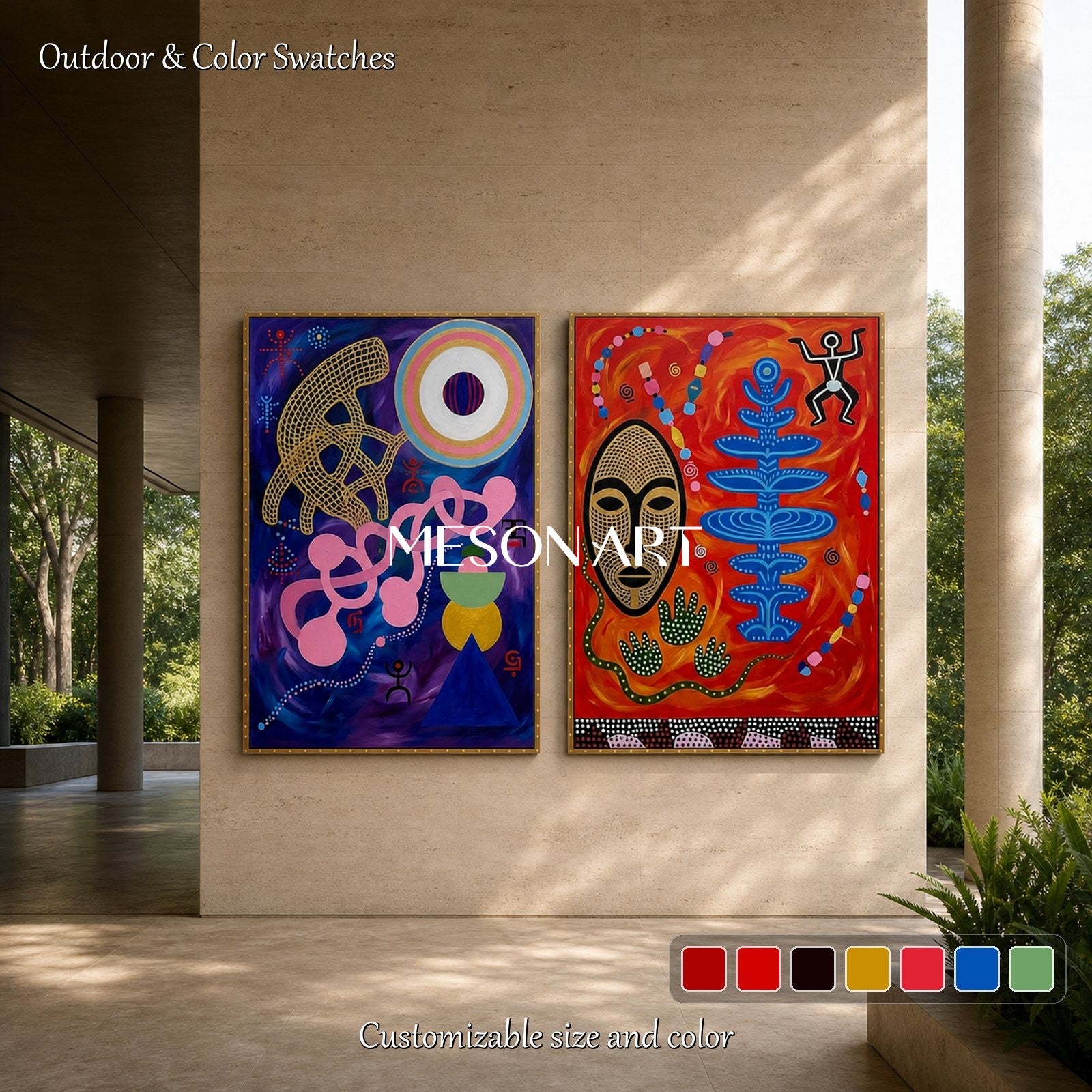 Vibrant Abstract Ethnic Painting With Bold Colors For Modern Living Room Wall Decor