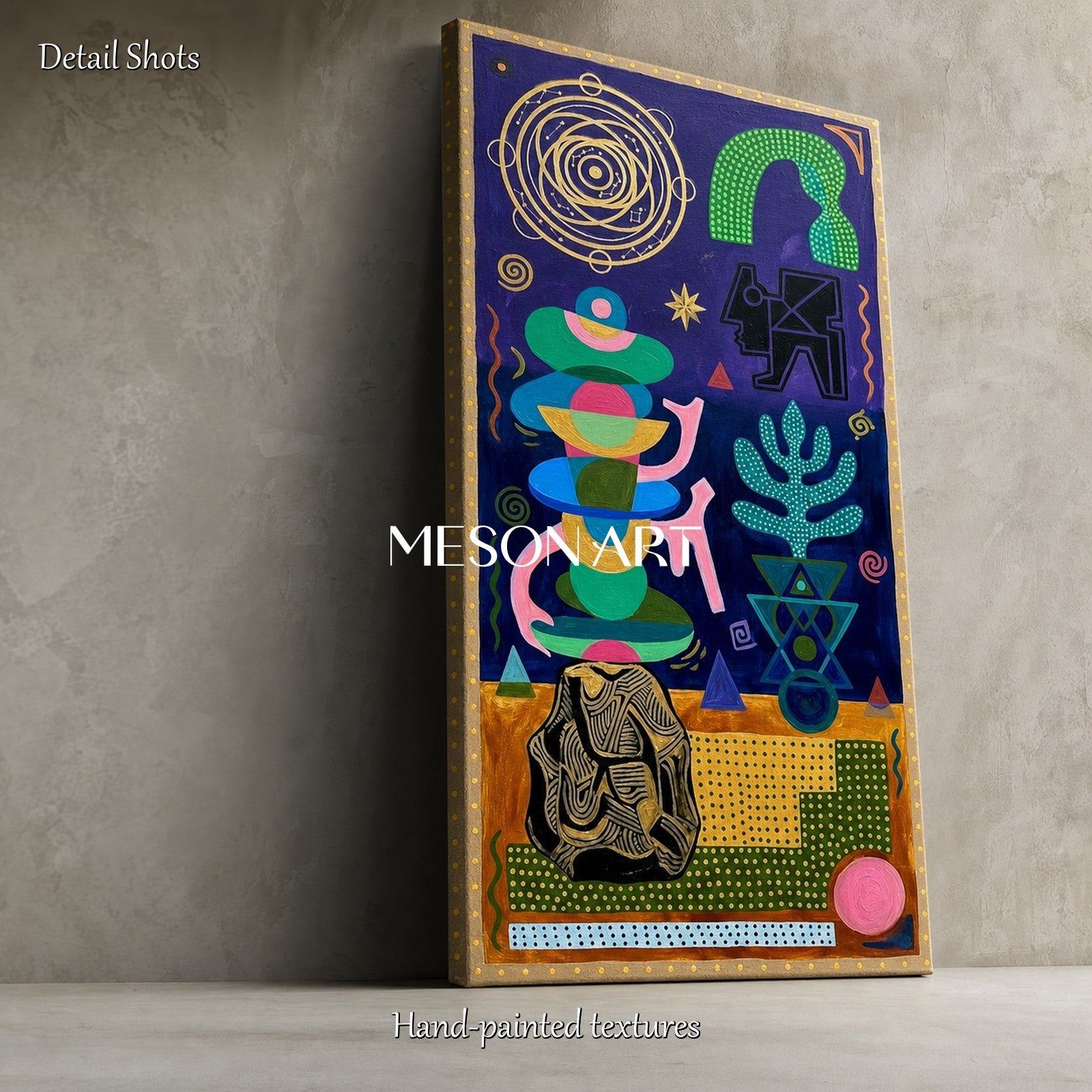 Surrealist Geometric Art Print With Gold Accents For Living Room Entryway Decor