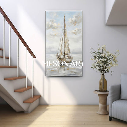 Minimalist Nautical Art Print Of Solitary Sailboat On Misty Sea For Modern Entryway Wall Decoration