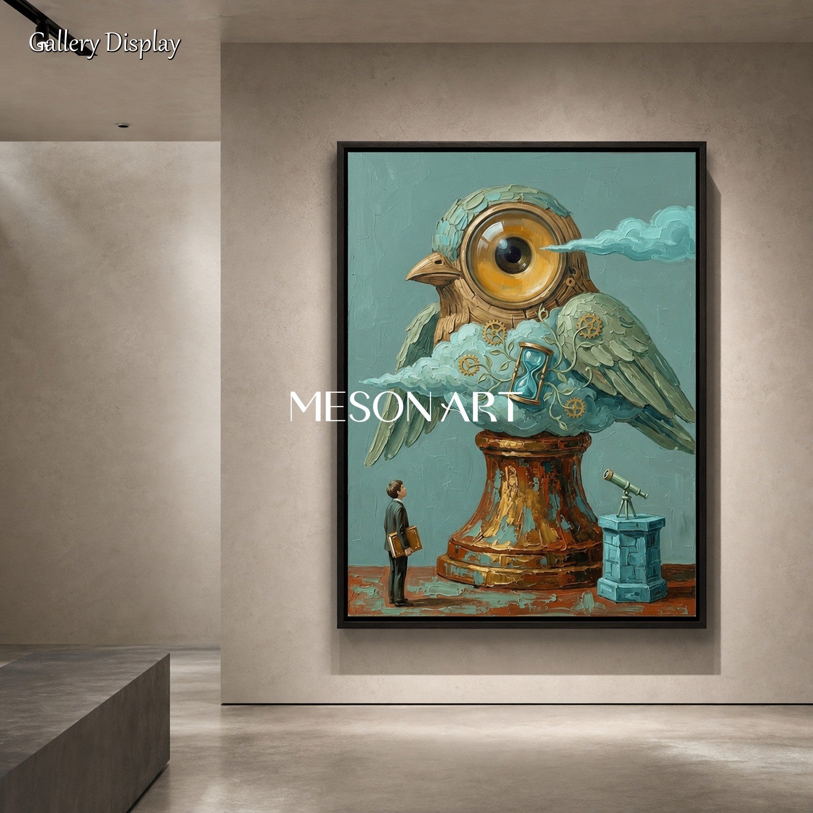 Surrealist Mechanical Owl Canvas Art With Gold Gears For Living Room And Home Office Decor