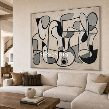 Minimalist Abstract Painting With Cubist Geometry In Beige Black Grey For Modern Home Decor