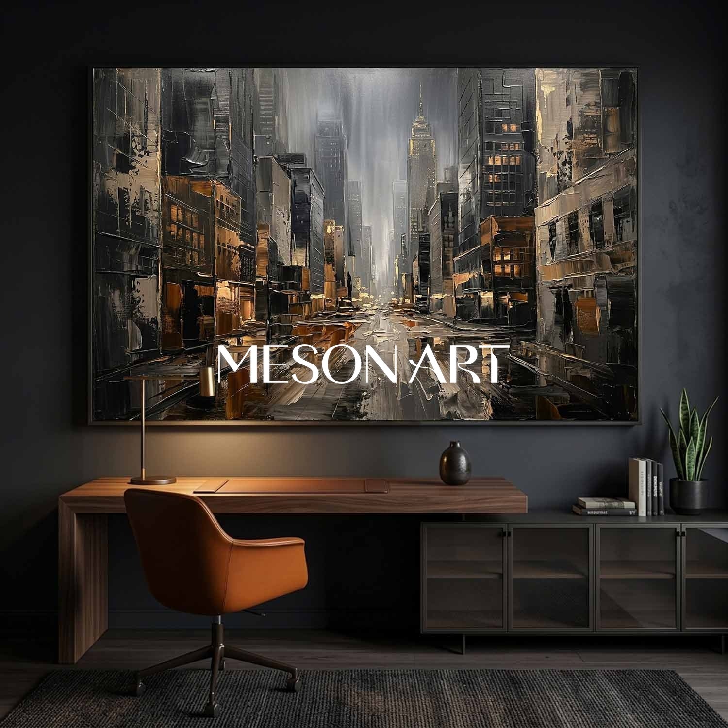 Abstract City Art With Gold Accents And Plaster Texture For Modern Living Room Decor