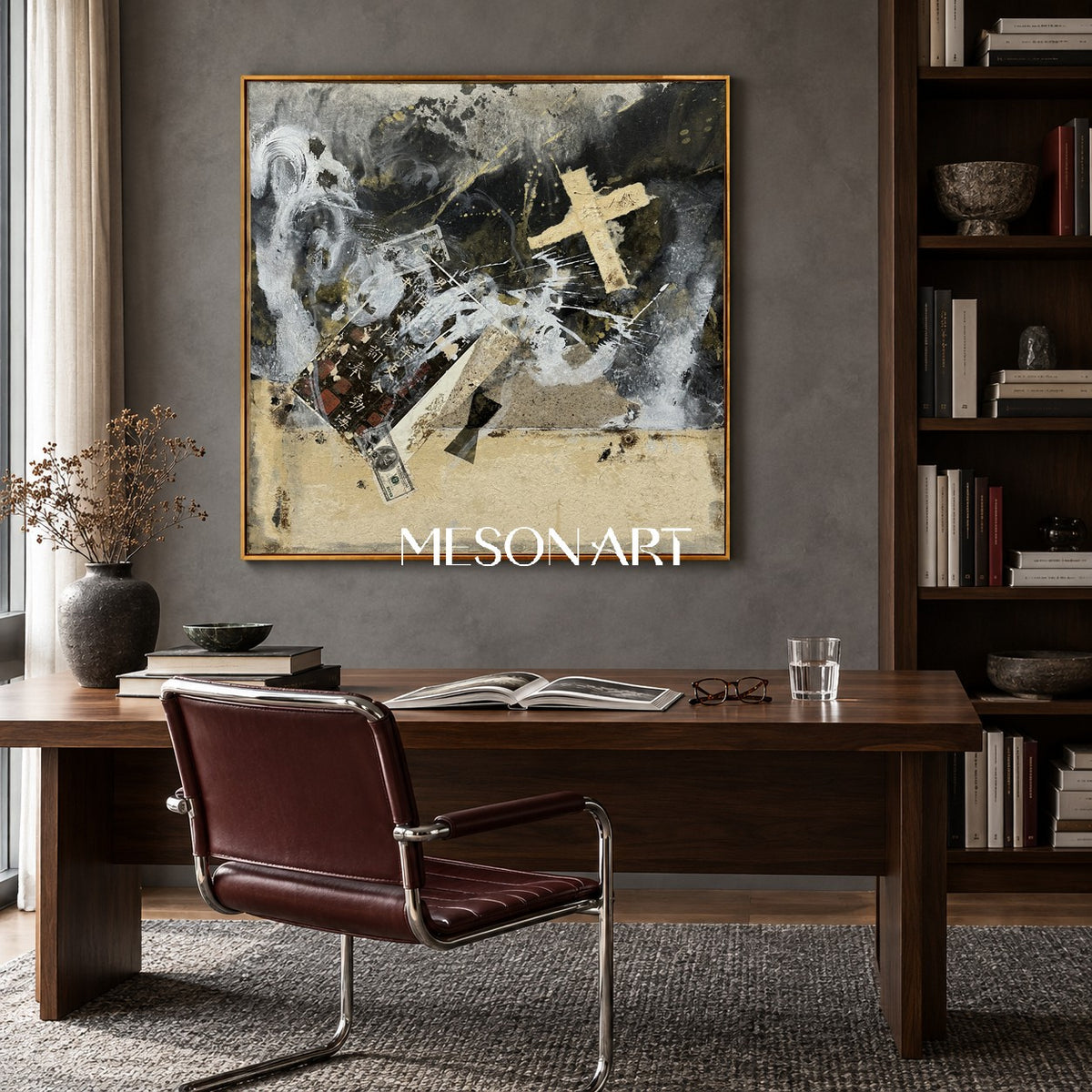 Black And Gold Painting Abstract Modern Textured Mixed Media Original Artist Square Wall Art For Living Room By Mesonart