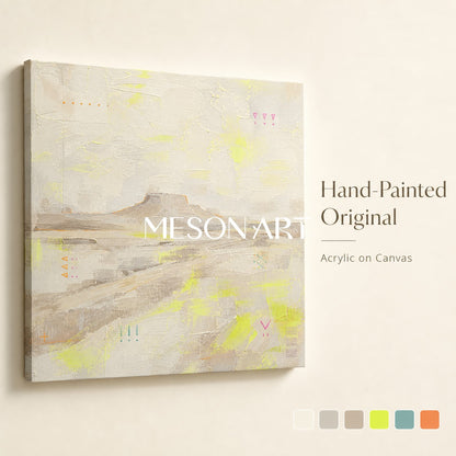 Natural Beige Abstract Landscape Oil Painting With Lime Green Accents For Modern Home Decor