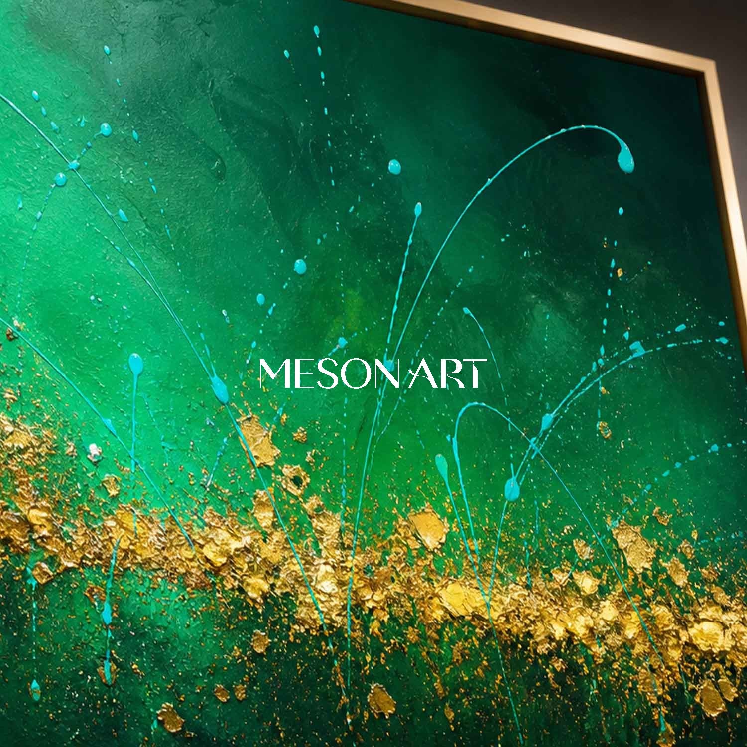 Large Emerald Green And Gold Abstract Painting On Canvas For Modern Living Room Decor