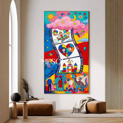 Colorful Cartoon Family Art For Kids Room Nursery Wall Decor Original Painting