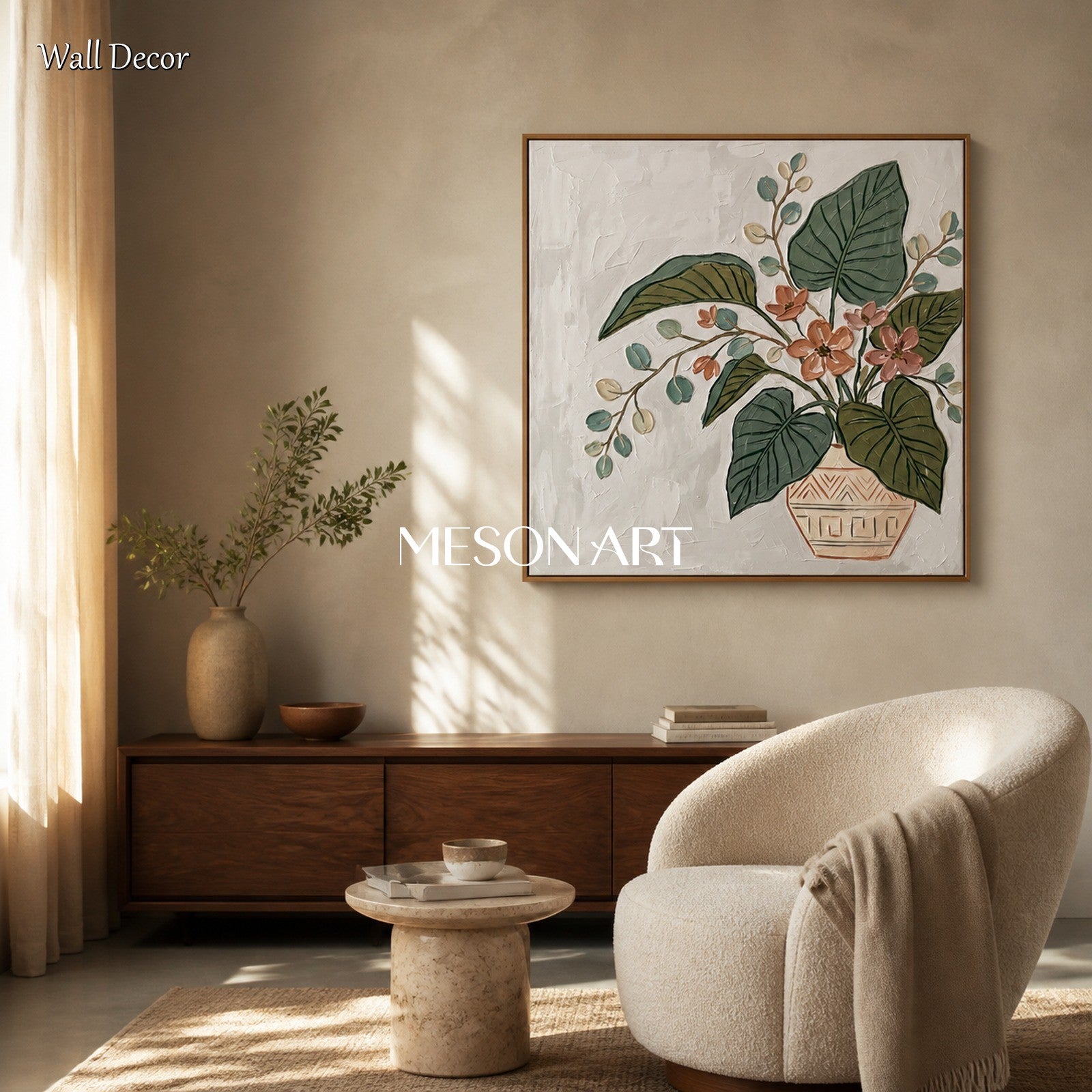 Green And Pink Botanical Floral Painting Modern Textured Square Wall Art Original Artist By Mesonart