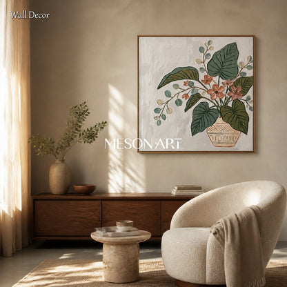 Green And Pink Botanical Floral Painting Modern Textured Square Wall Art Original Artist By Mesonart