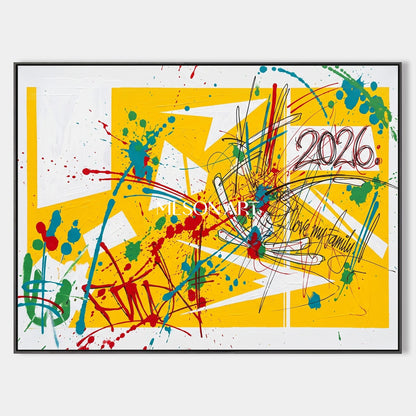 Yellow Banksy Style Painting Abstract Rectangular Wall Art For Living Room Original Artist By Mesonart