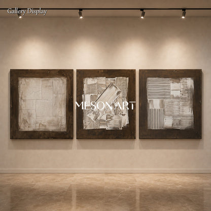 Brown Abstract Art Triptych With Textured Relief For Modern Living Room Decor