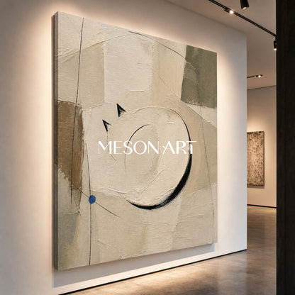 Minimalist Cat Abstract Art In Beige And Black For Modern Living Room Decor