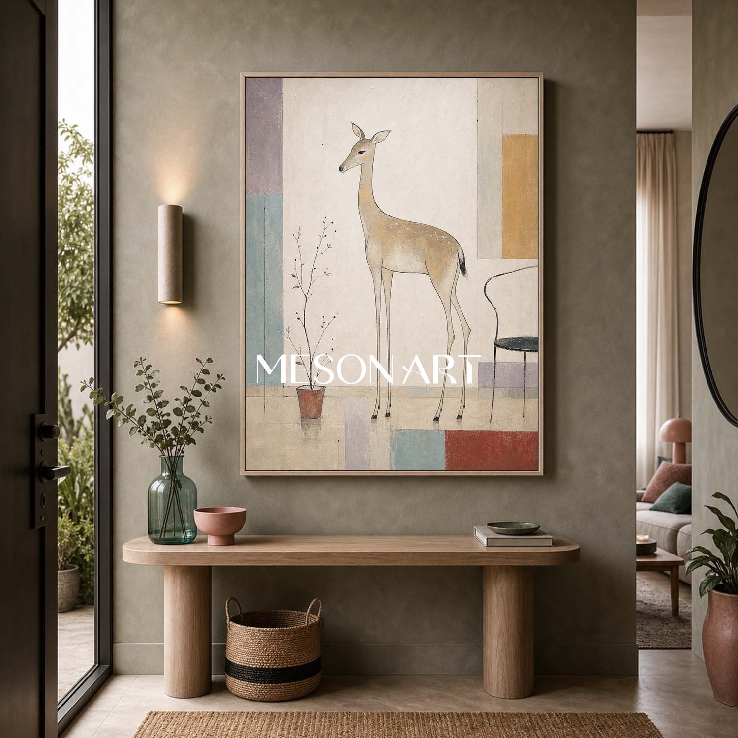 Minimalist Deer Painting With Geometric Shapes For Modern Living Room And Bedroom Decor