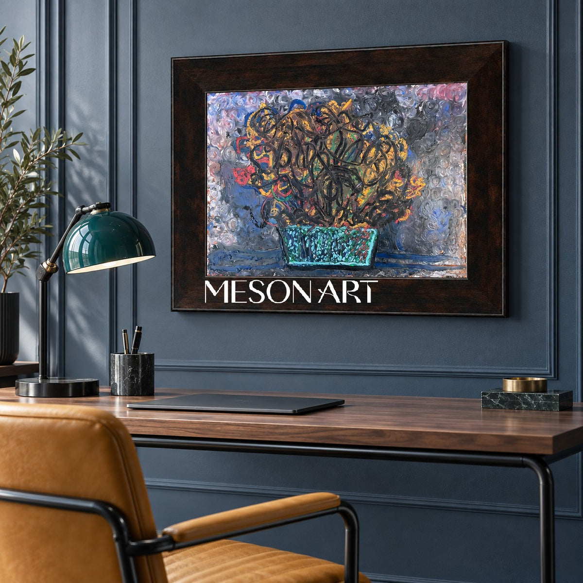 Blue And Gold Abstract Painting Original Artist Hand Painted Expressionist Artwork Rectangular Wall Decor For Living Room By Mesonart