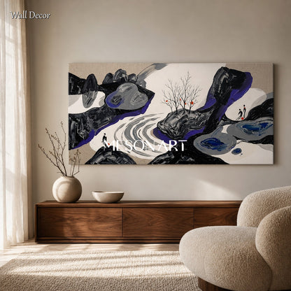 Large Black And White Textured Landscape Painting With Palette Knife Technique For Modern Home