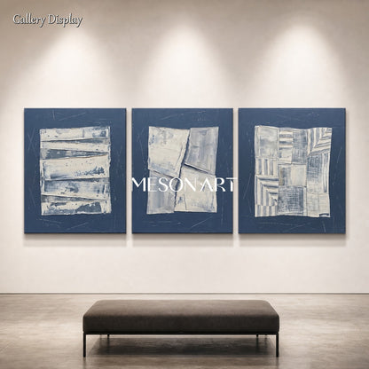 Navy Blue Abstract Triptych Wall Art Set Of Three Geometric Paintings For Modern Home Decor
