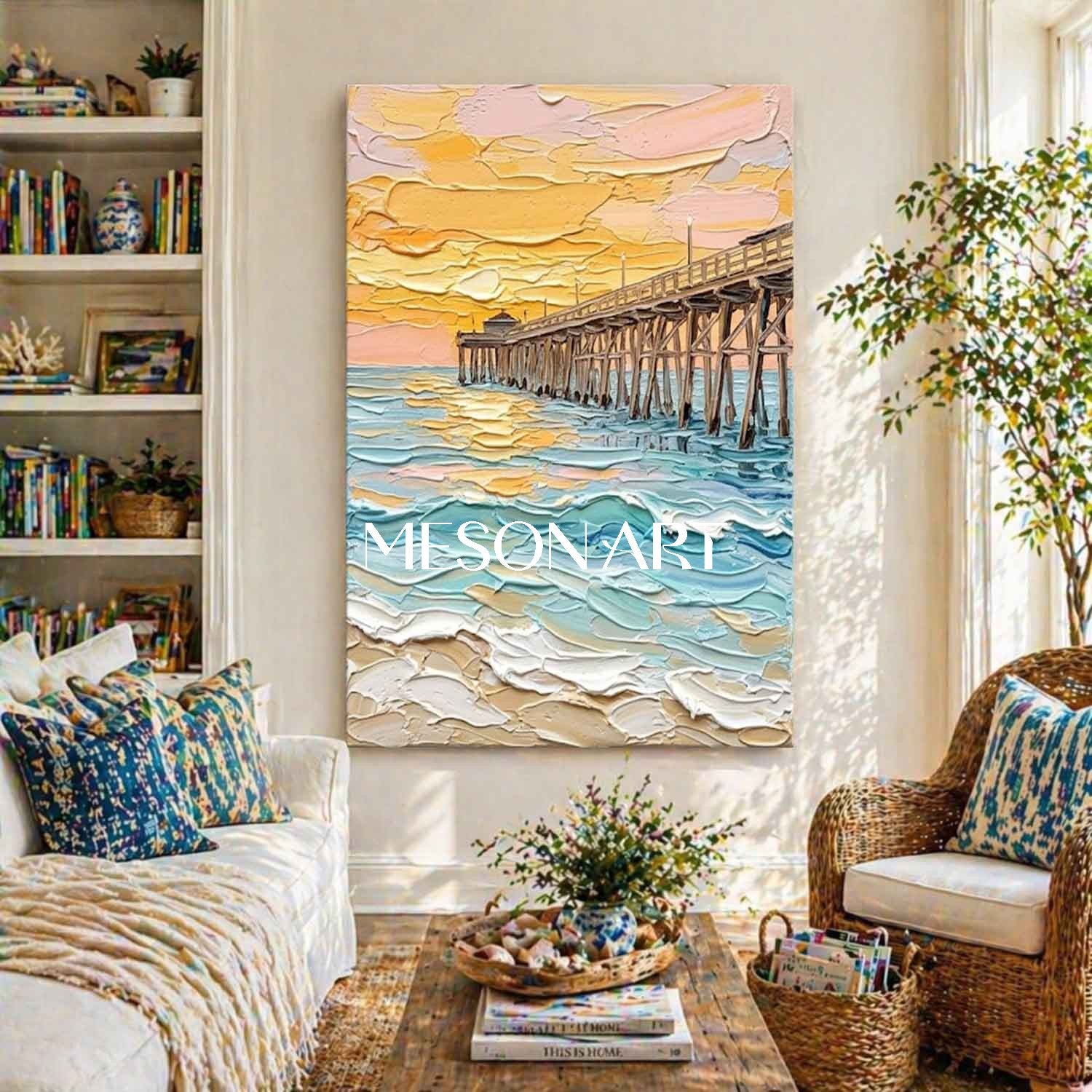 Luxury Coastal Pier Sunset Painting With Thick Impasto Waves For Living Room And Bedroom Decor