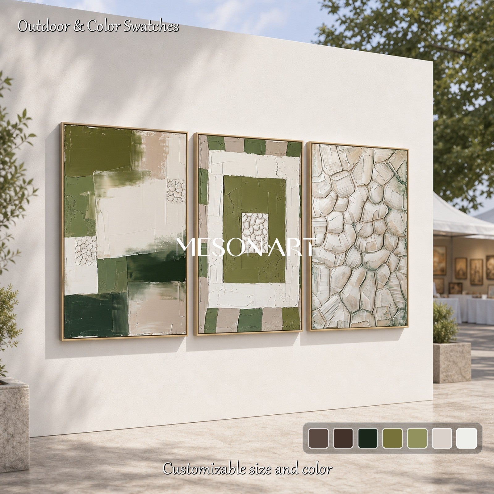 Green And White Abstract Triptych With Textured Relief For Modern Living Room Decor