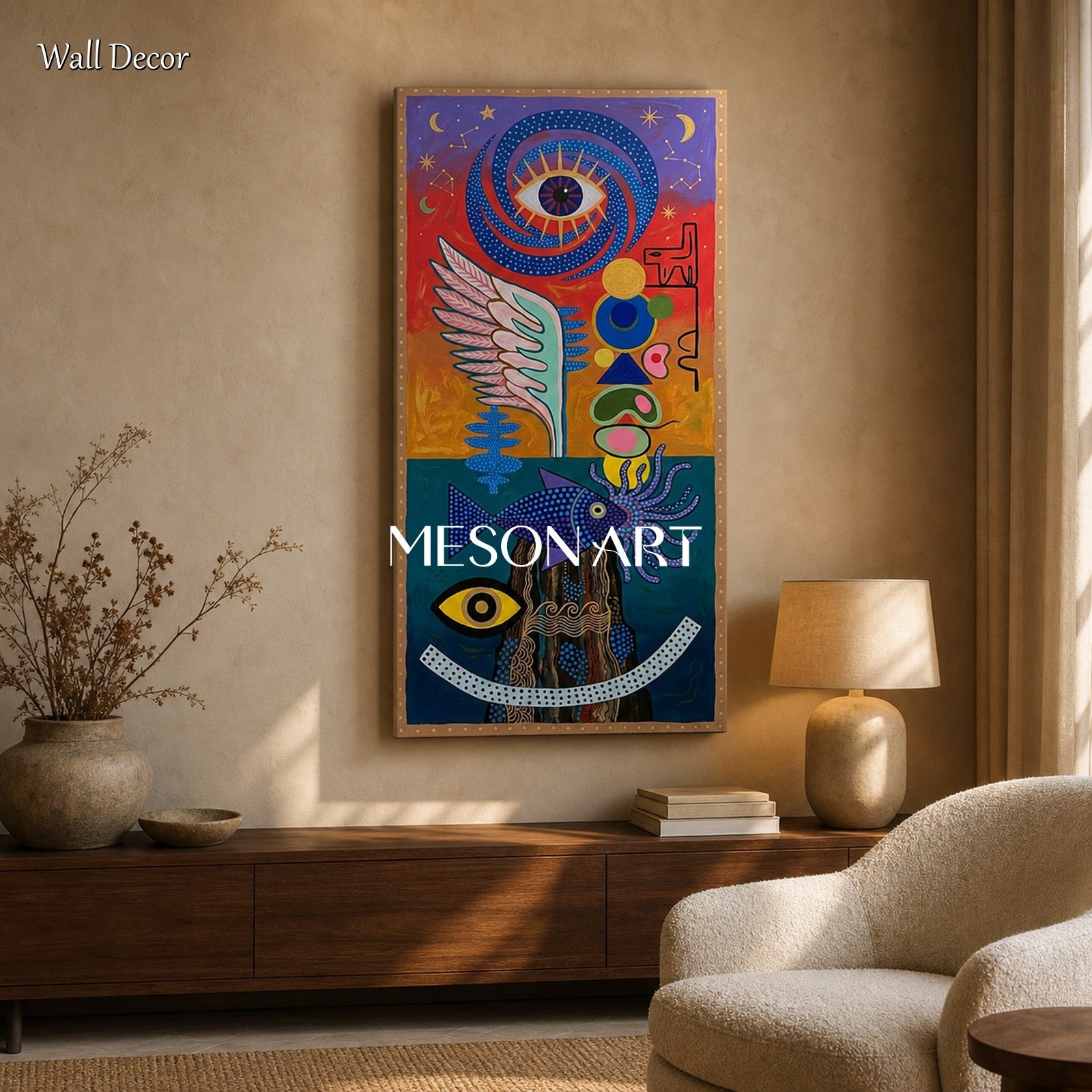 Surrealist Abstract Painting With Cosmic Symbols For Modern Living Room Decor
