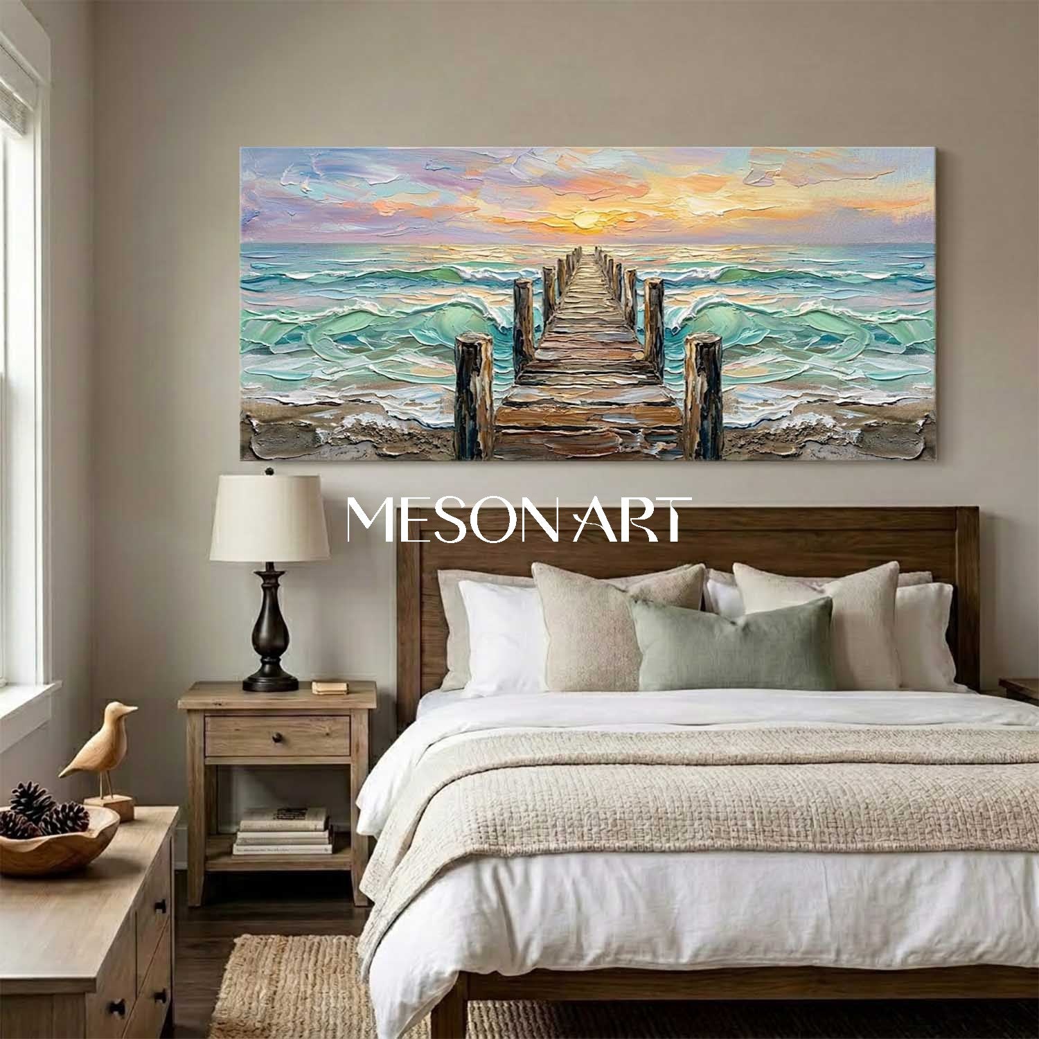 Luxury Coastal Seascape Art With Golden Sunset And Textured Waves For Living Room