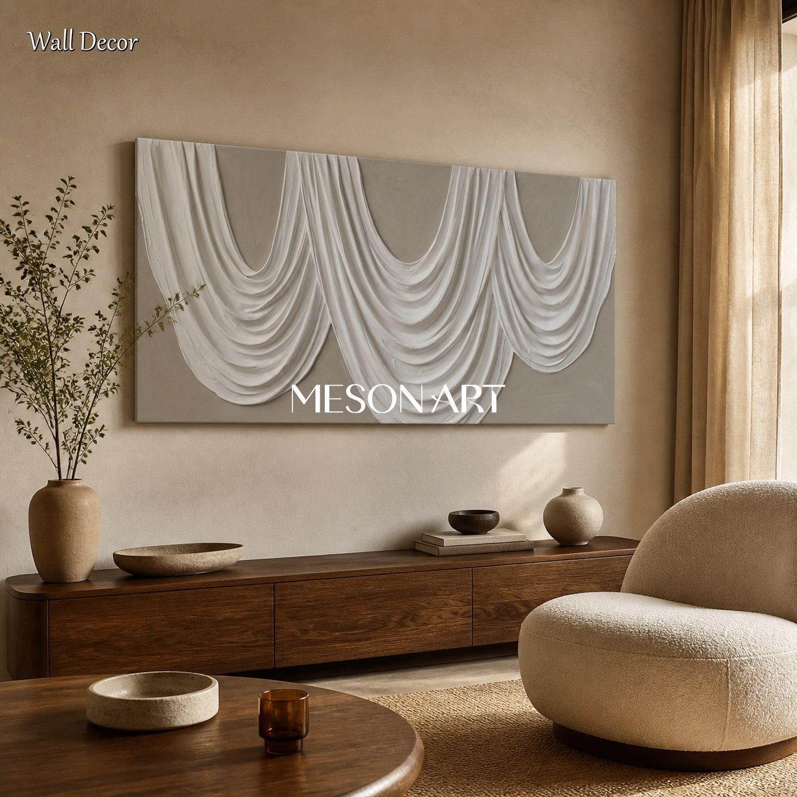 White And Gray Sculptural 3D Textured Modern Organic Wall Art Panoramic Canvas Painting By Mesonart