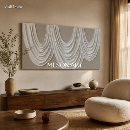 White And Gray Sculptural 3D Textured Modern Organic Wall Art Panoramic Canvas Painting By Mesonart