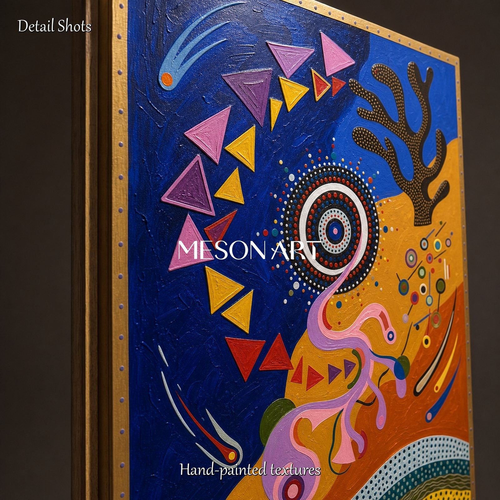 Vibrant Abstract Painting With Geometric Shapes And Blue Gold Tones For Contemporary Home Decor