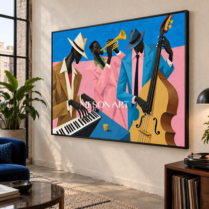 Blue And Pink Pop Art Jazz Painting Original Artist Hand Painted Musical Geometric Rectangular Wall Decor By Mesonart