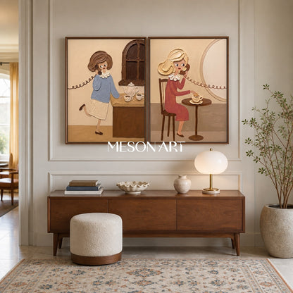 Vintage Pop Art Painting For Bedroom Wall With Textured Figures In Beige And Pink Tones
