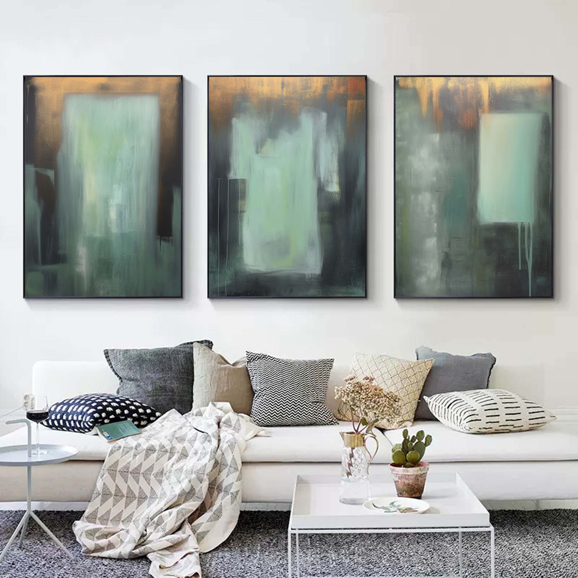 Green and Gold Minimalist Art 3 Piece Set Wabi-Sabi Wall Art Green and Gold Canvas Wall Art