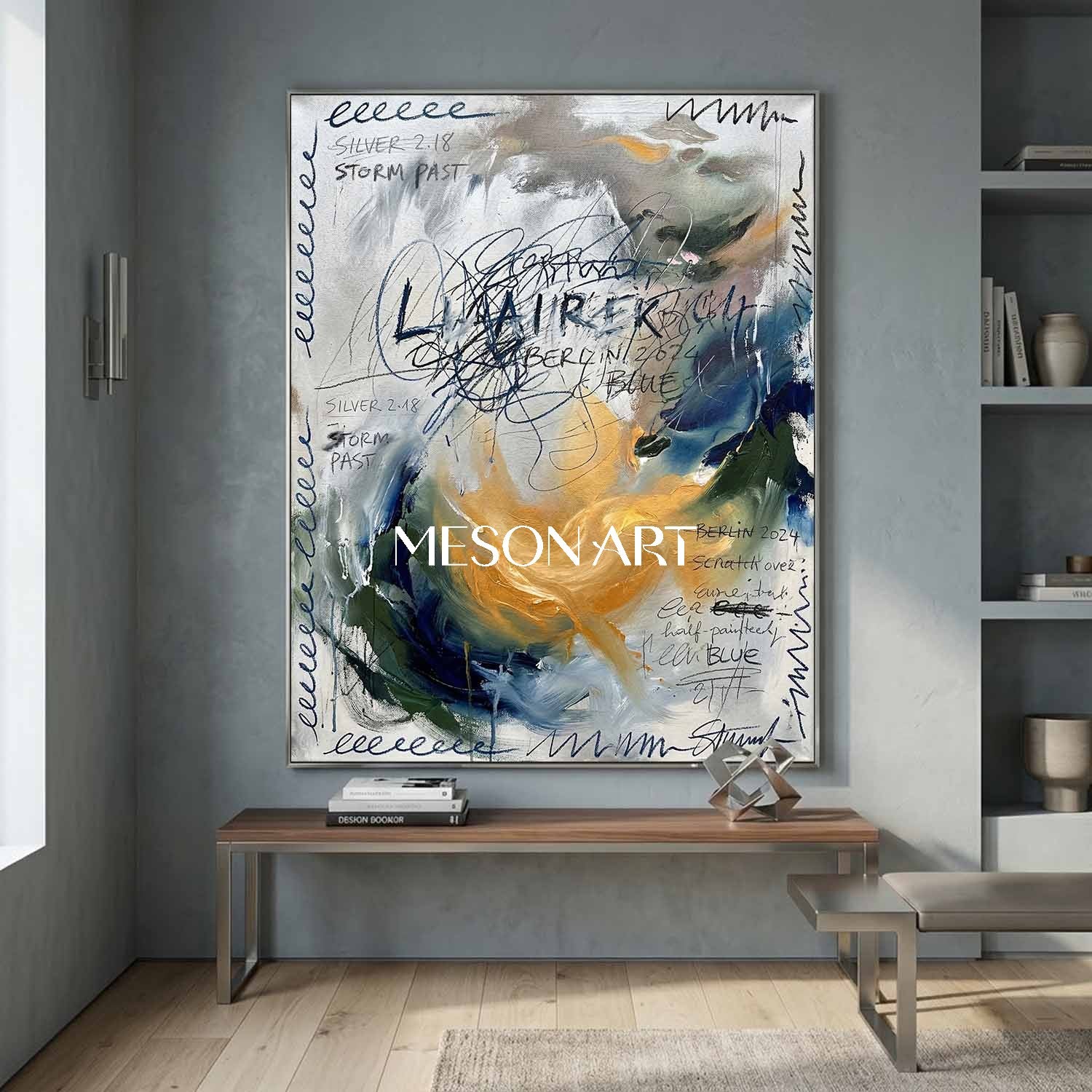 Large Abstract Oil Painting with Expressive Blue Gold Texture Office