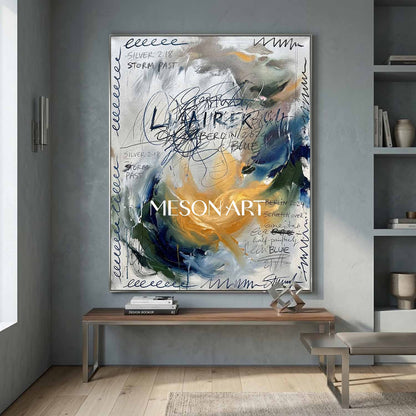 Large Abstract Oil Painting with Expressive Blue Gold Texture Office