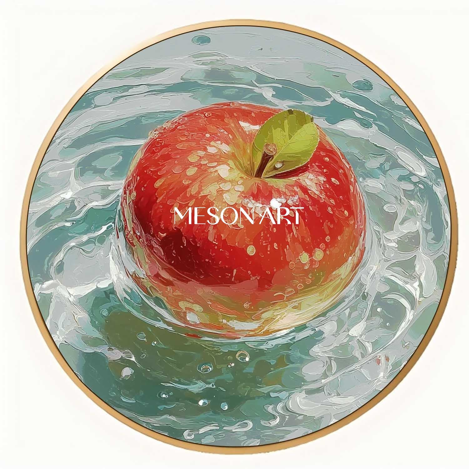 Red Apple Round Canvas Painting – Modern Still Life Wall Art