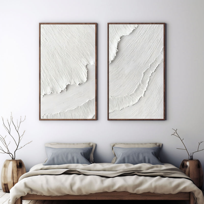 Large White Wave Texture Painting Set of 2 White Wave Abstract Minimalist Canvas Wall Art for Sale