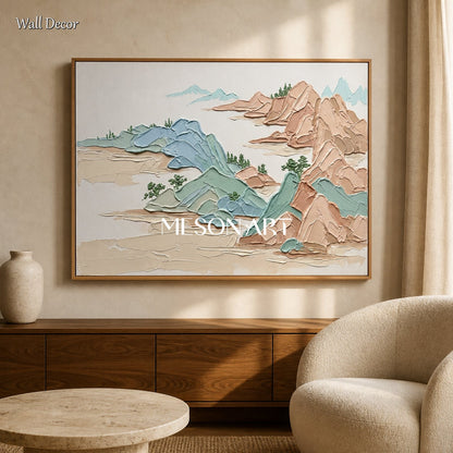 Beige And Blue Impasto Mountain Painting Rectangular Wall Art Contemporary Landscape By Mesonart