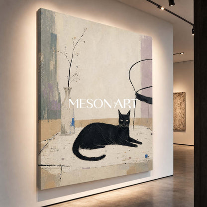 Minimalist Black Cat Painting With Still Life Elements For Modern Home Decor